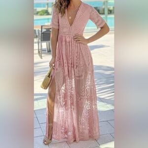 Pale Pink /Rose Sheer Lace V Neck Short Sleeve Maxi Dress With Romper - Size M